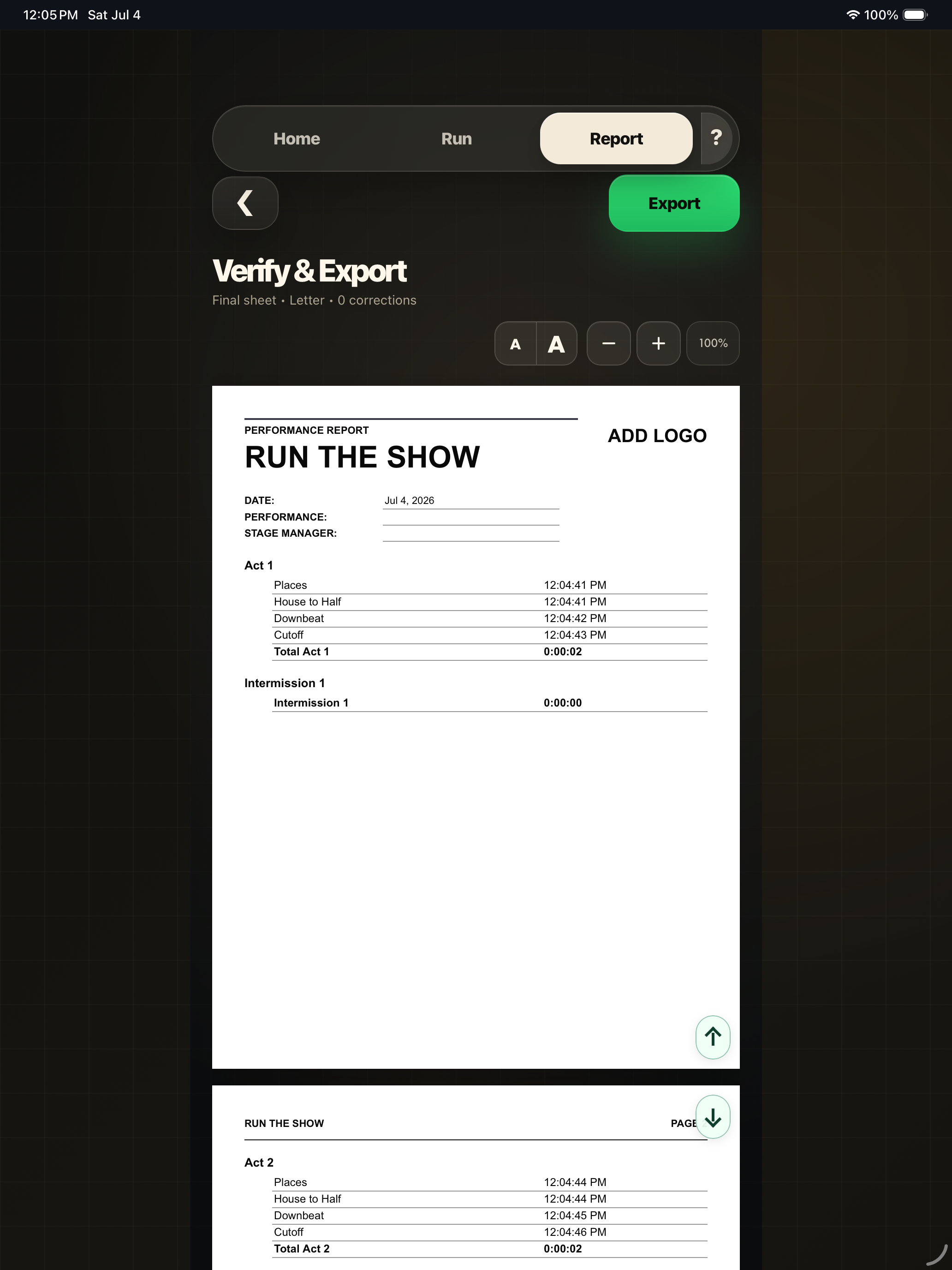 CallTime report preview on iPad