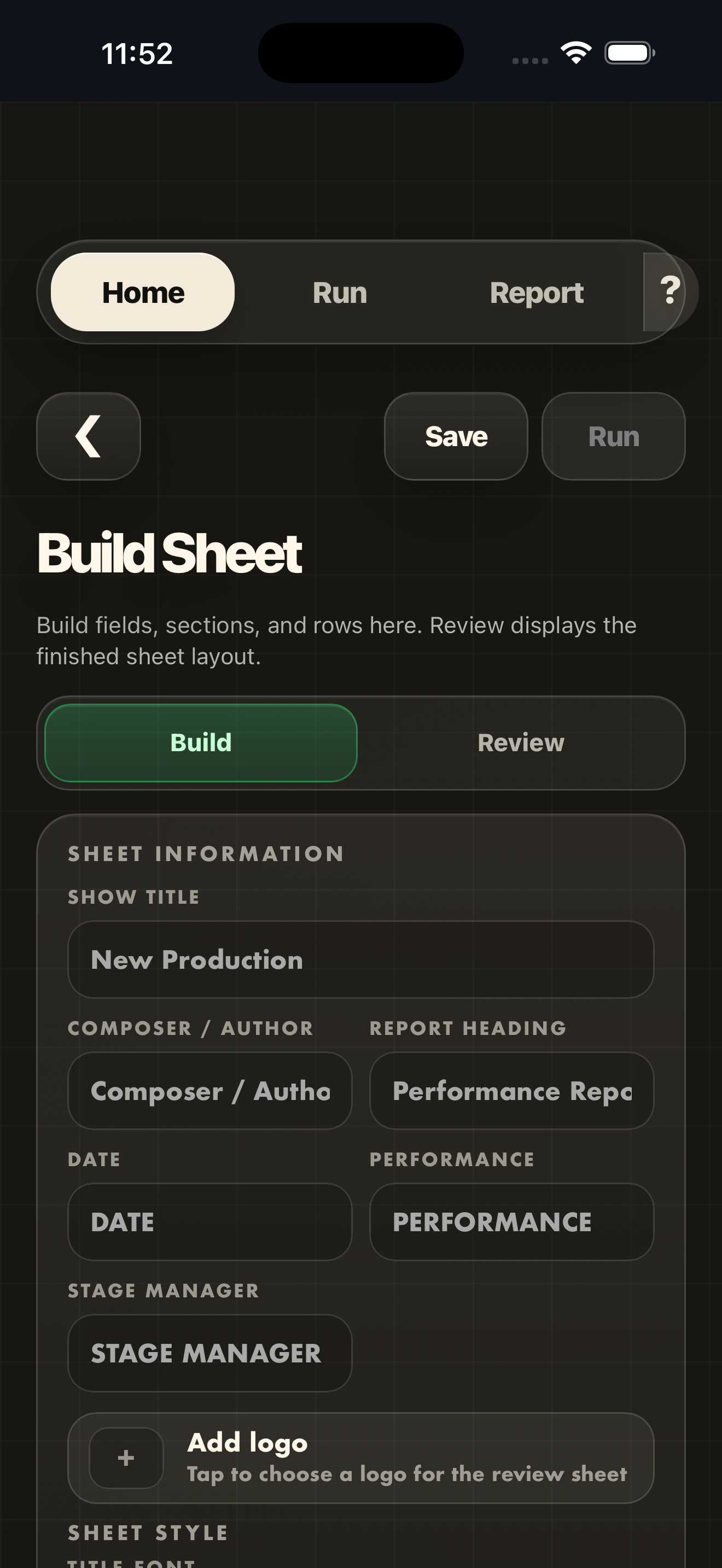 CallTime build sheet screen