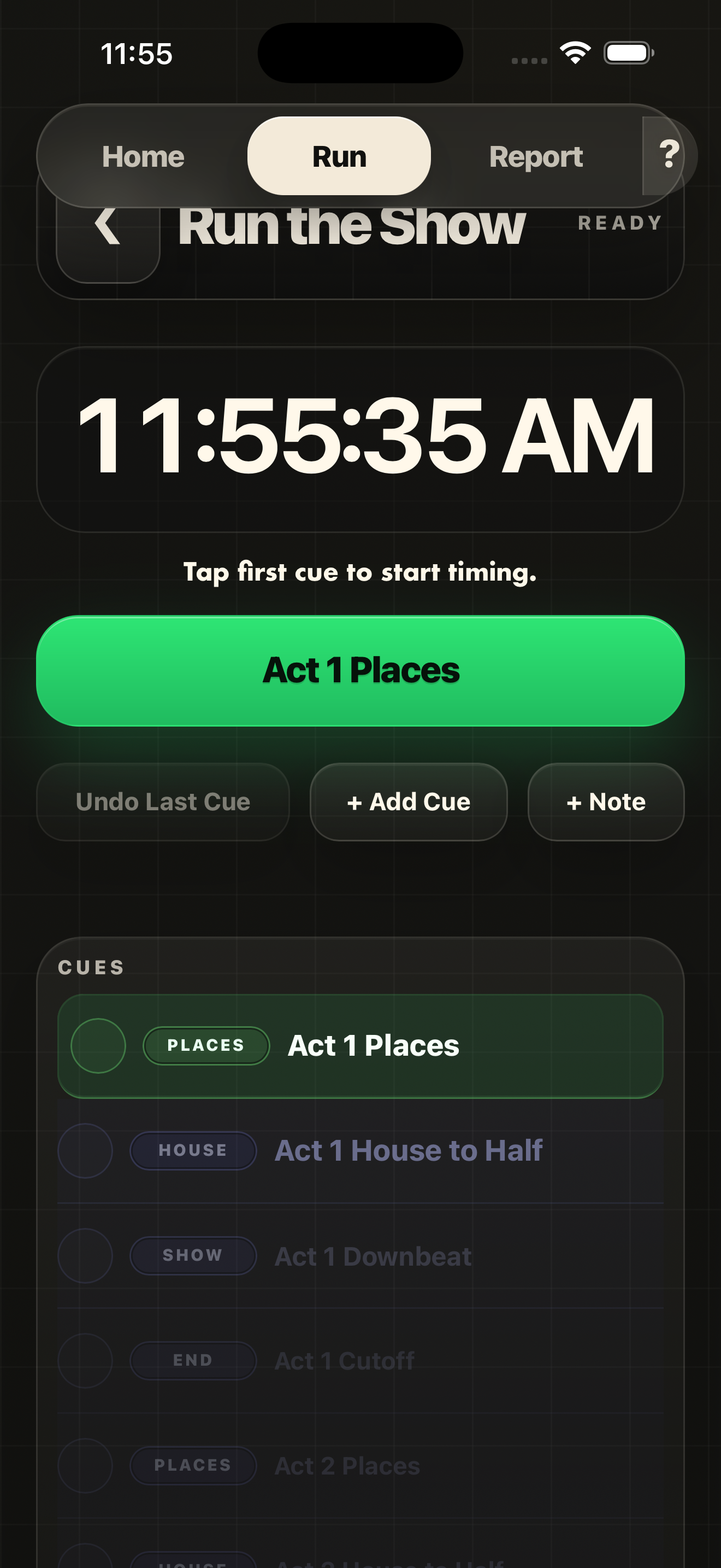 CallTime run screen with live cue timing