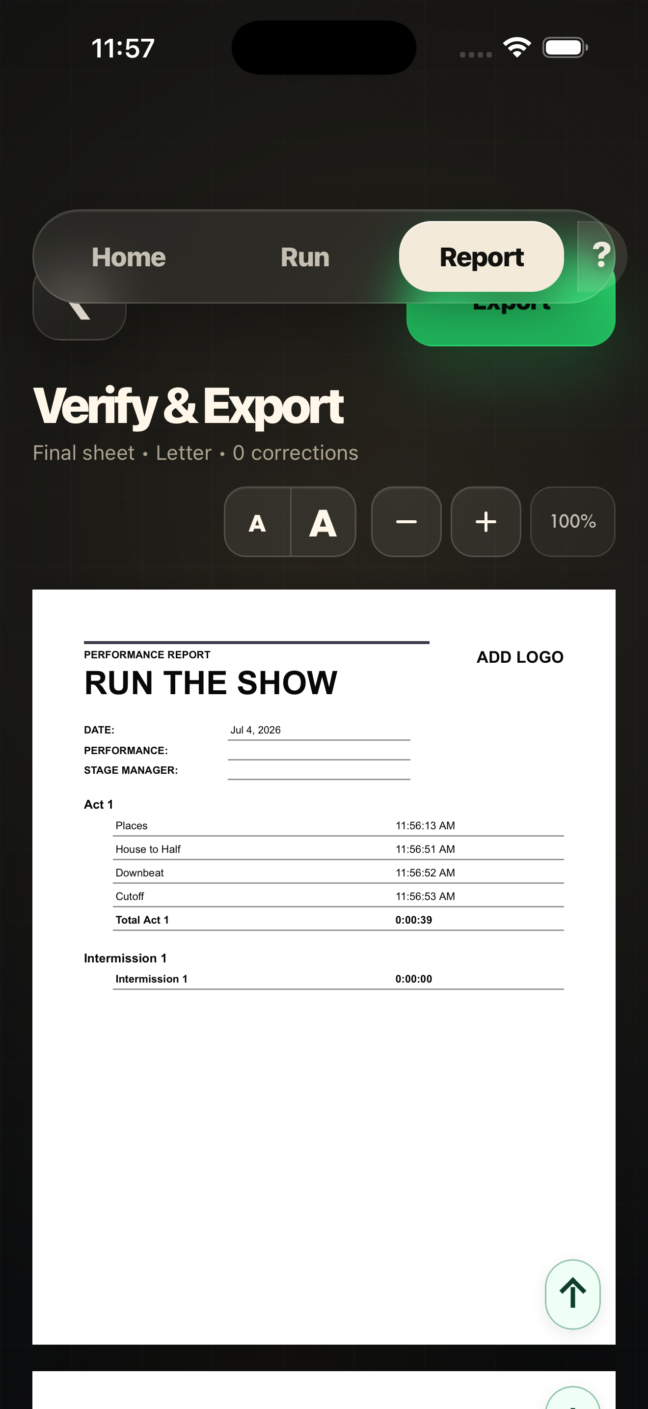 CallTime report preview screen