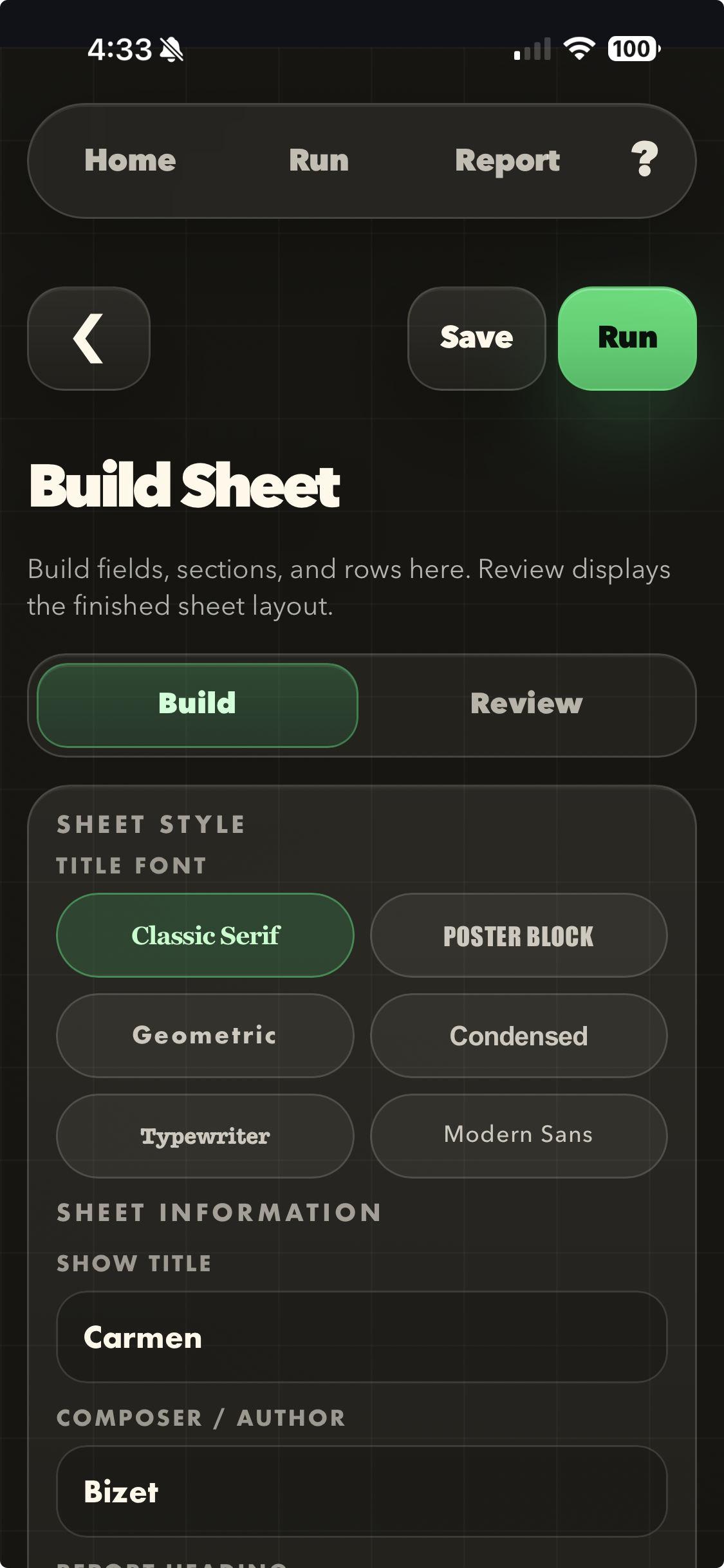 CallTime build sheet screen