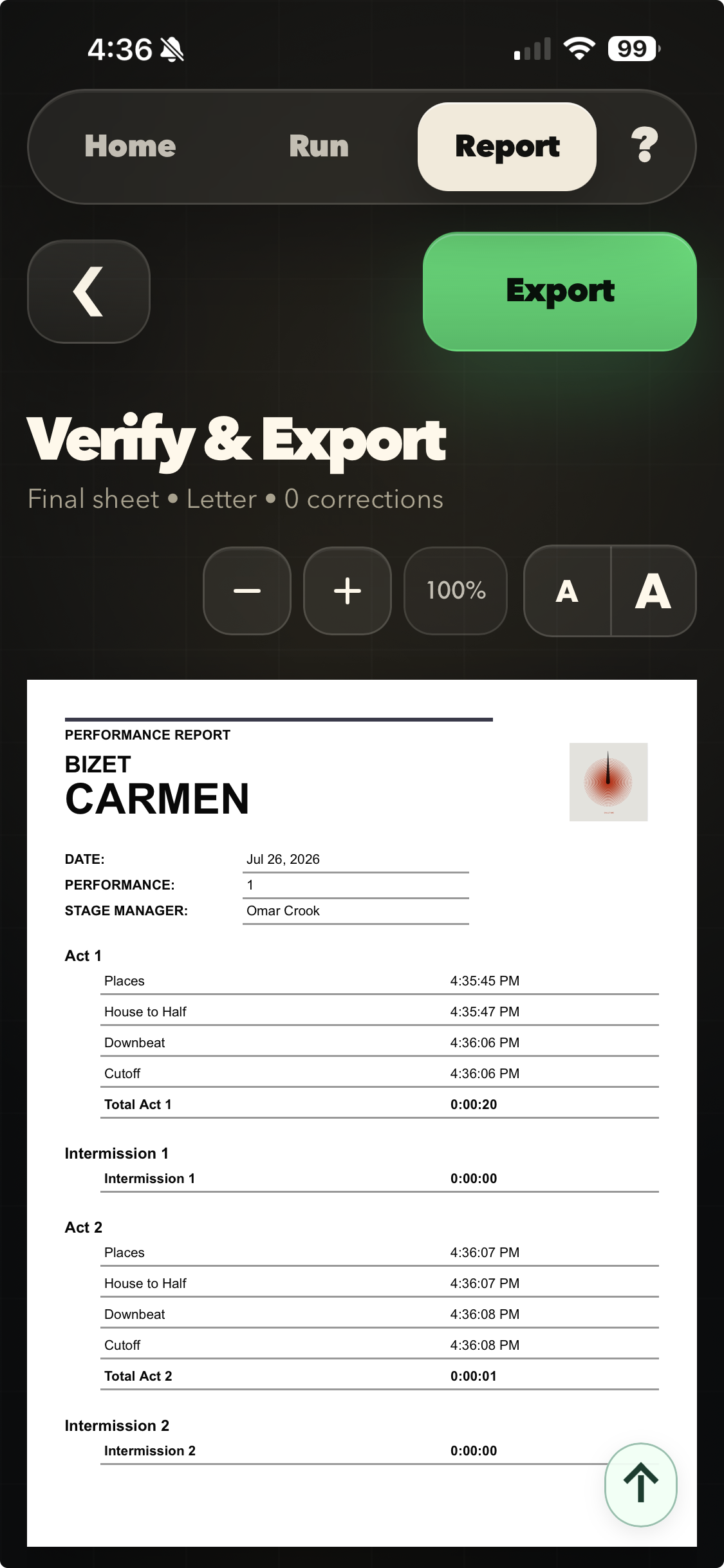CallTime report preview screen