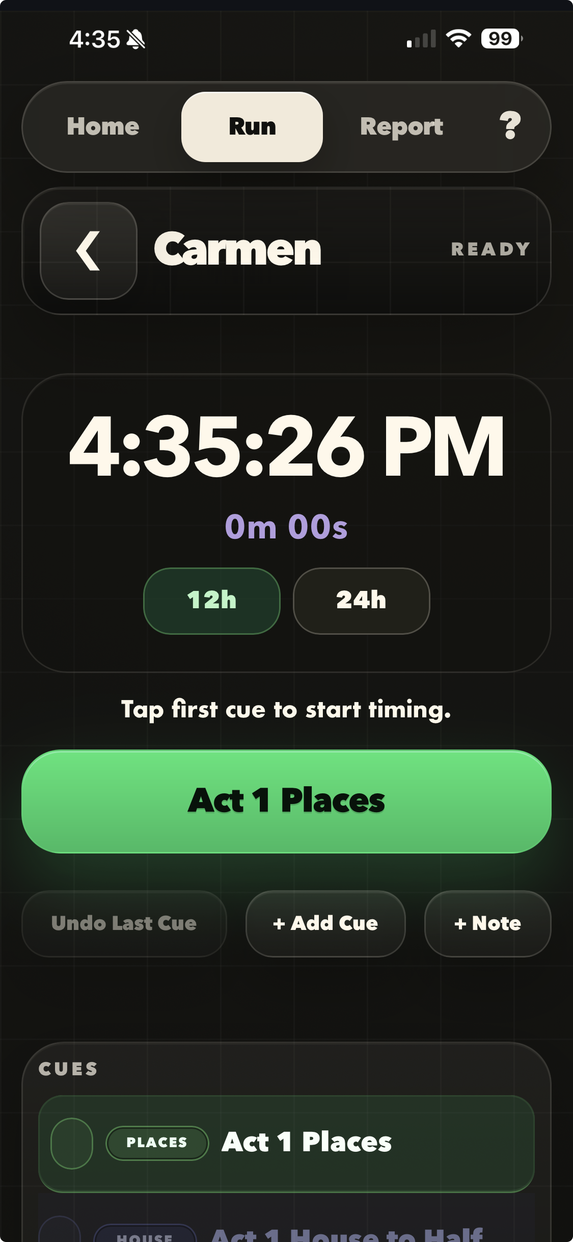 CallTime run screen with live cue timing